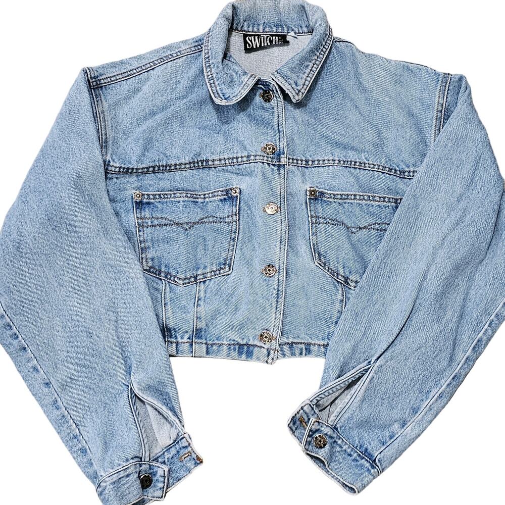 Vintage  Switch Blue Jean Cropped Jacket Puffed Sleeves Size L Made in U.S.A